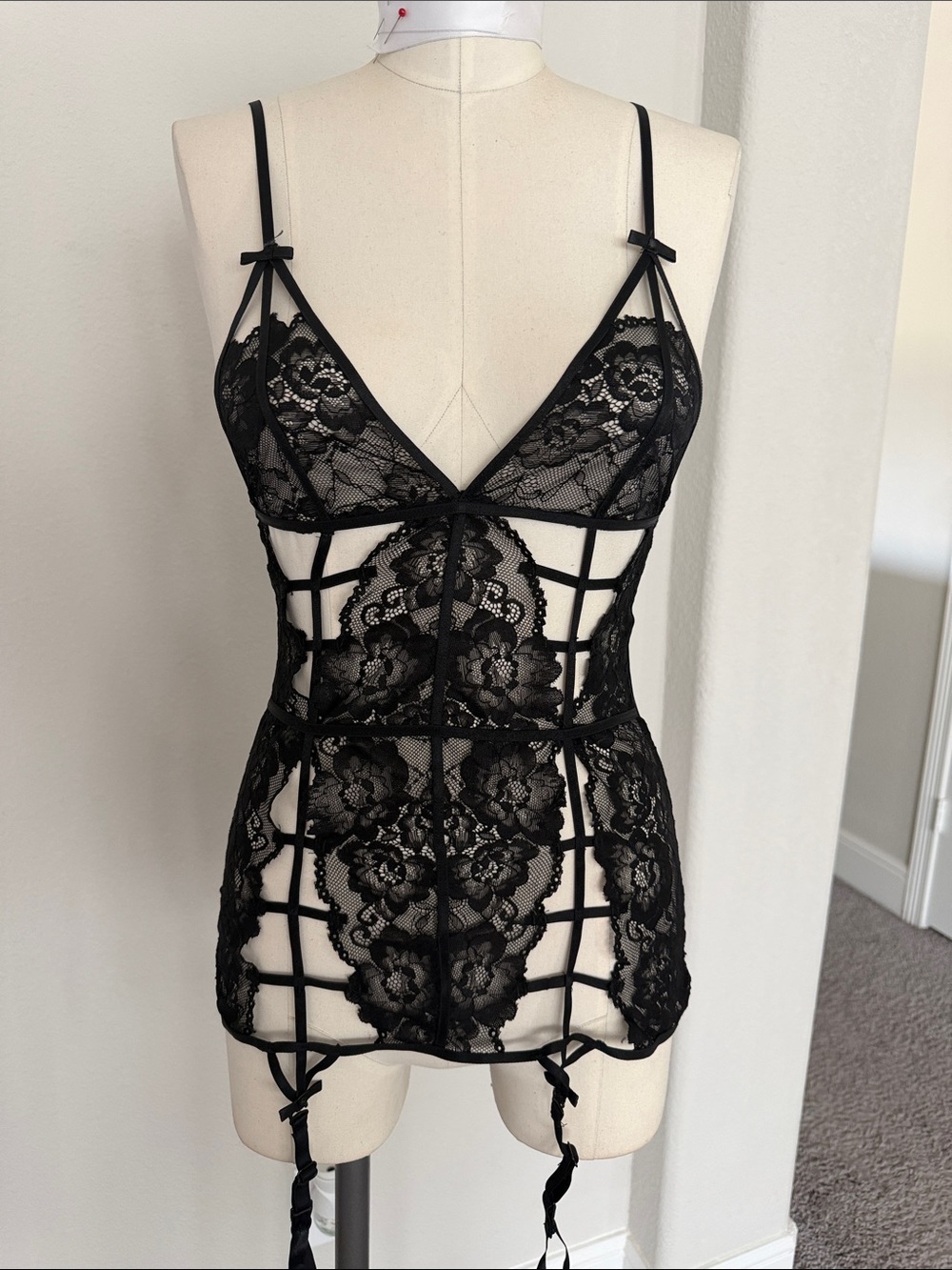 Rene Rofe Sheer Black Lace Cage Chemise with Garter Straps